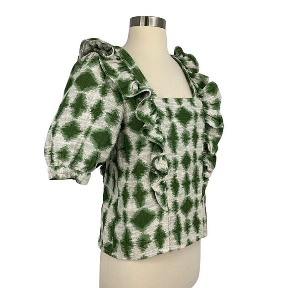 Sezane Ezecquiel Blouse Green Ikat Size EU 34 Ruffles 1/2 Sleeve Buttons Womens - Picture 7 of 11